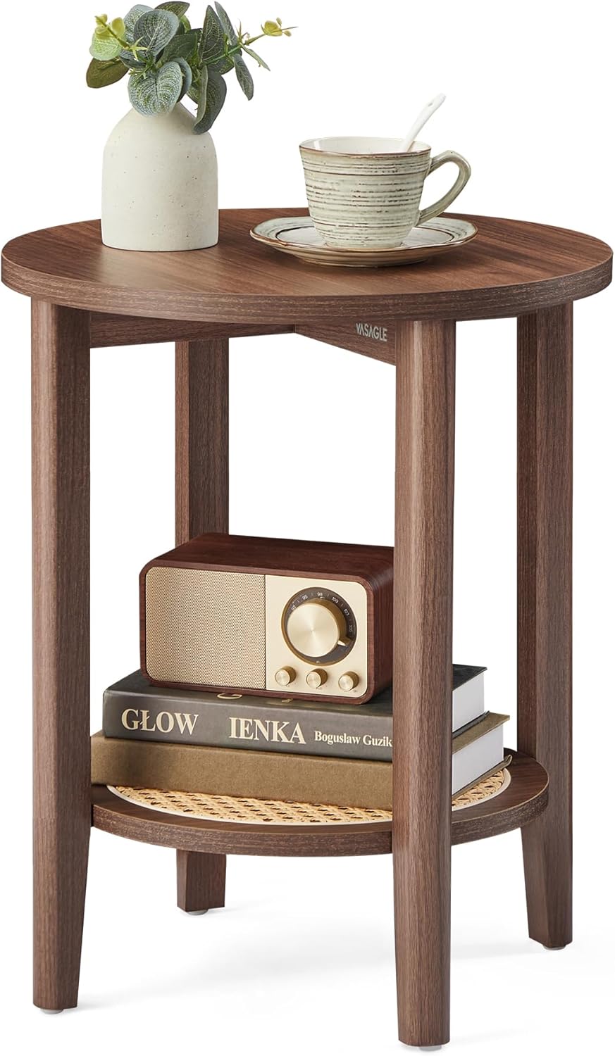 VASAGLE Round Side End Table, 2-Tier Boho Bedside Table with Rattan-Look Storage Shelf, Nightstand for Small Spaces, for Living Room, Bedroom, Home Office, Oak Beige ULET296Y01