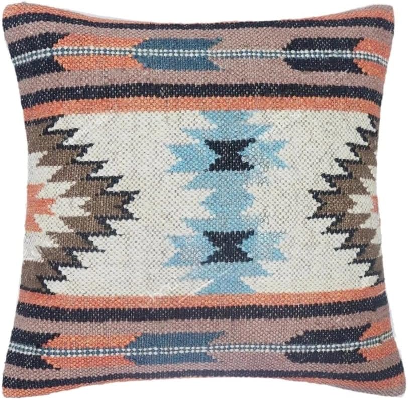Boho Throw Pillow Covers Set of 4 | Handcrafted Kilim Wool & Jute Cushion Covers | 18x18 Inch Ethnic Decorative Pillowcases for Sofa, Couch, Bedroom & Living Room – Pattern 12