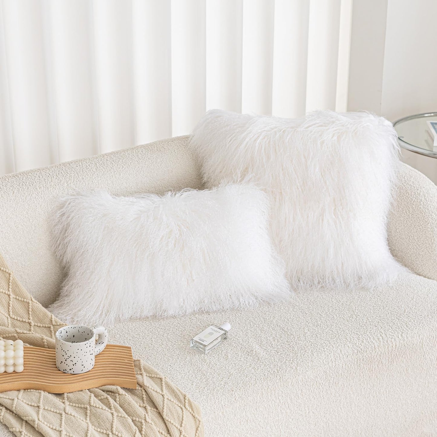 Real 100% Tibetan Mongolian Lamb Sheepskin Wool Fur Throw Pillow Covers White 18x18 Inch, Super Soft Plush Leather Accent Pillowcase Decorative Cushion Cover for Living Room Bedroom