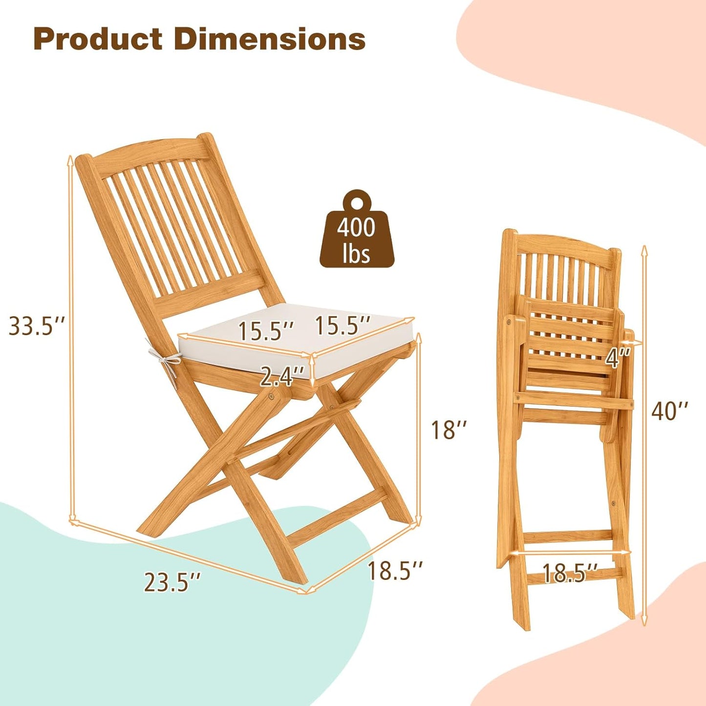 Tangkula 2 Pieces Folding Outdoor Dining Chairs, Acacia Wood Patio Chairs with Soft Cushions, Slatted Backrests and Seats, Outdoor Chairs for Porch, Balcony, Deck and Yard (One-Size,Beige,2)