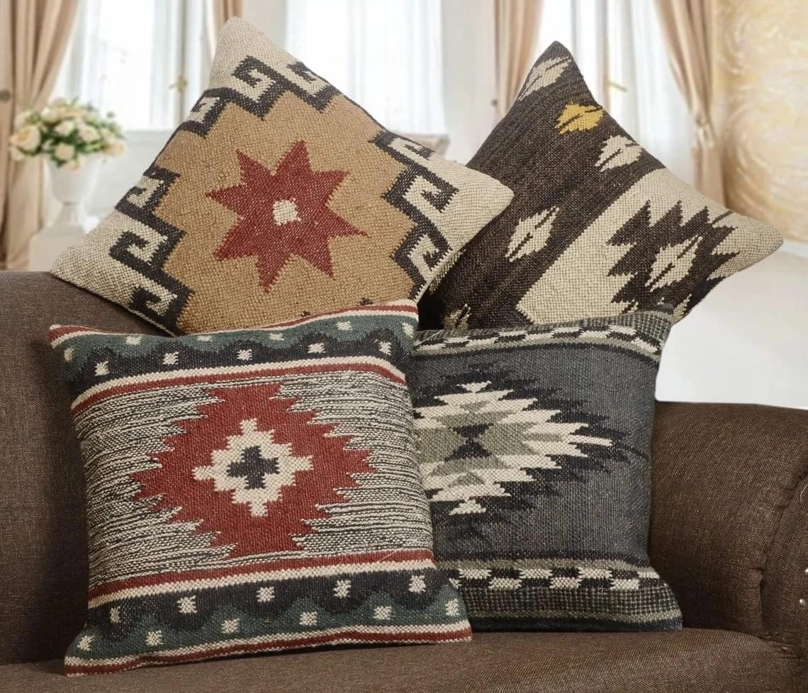 Boho Throw Pillow Covers Set of 4 | Handcrafted Kilim Wool & Jute Cushion Covers | 18x18 Inch Ethnic Decorative Pillowcases for Sofa, Couch, Bedroom & Living Room – Pattern 12