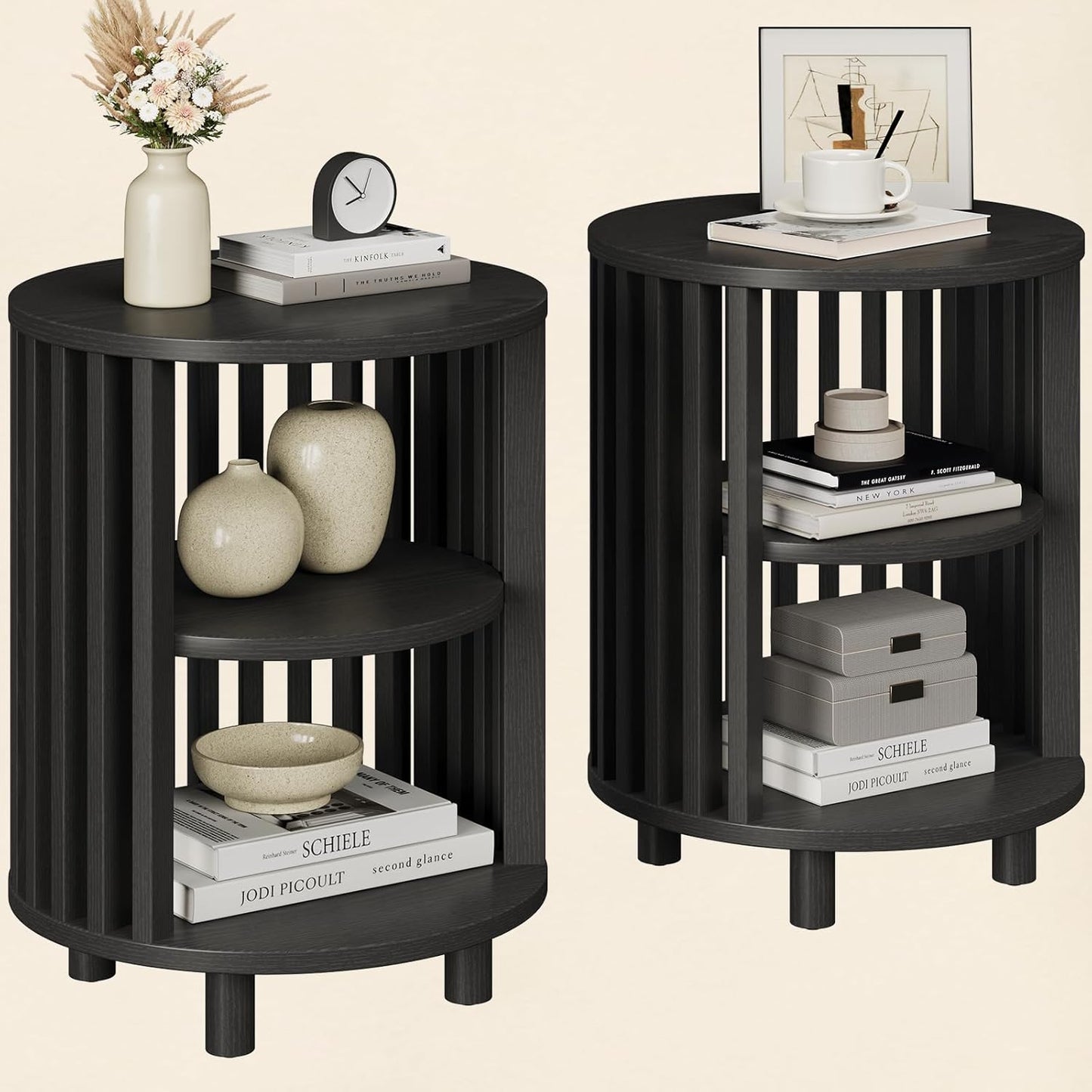 Round End Table, Wood Bedside Table, Mid Century Modern Nightstand with Open Storage Shelf, 3 Tier Small Side Tables for Living Room, Bedroom, Curved Profile Design, Natural Oak(1-Pack)