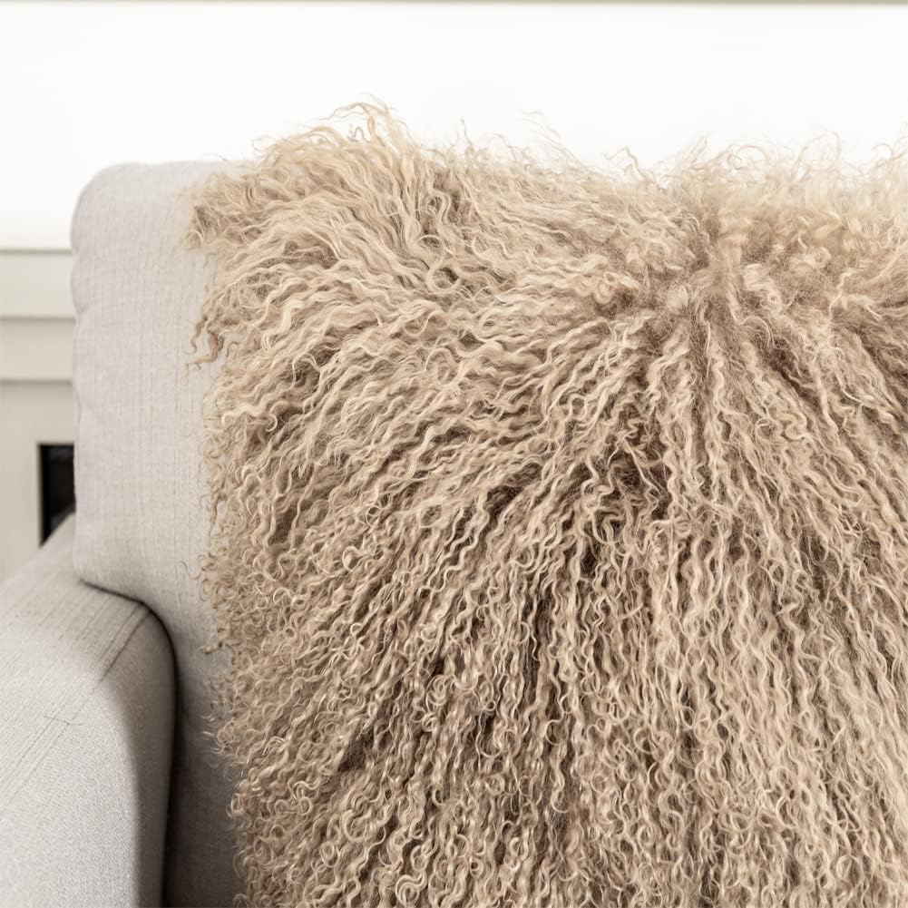 Seek4comfortable Mongolian Lamb Fur Throw Pillow Cover Real Fur Decorative Cushion Cover Pillow Case Home Decorative Square Throw Pillow Cover Plain Wool Pillow Protector, Khaki (18"x18")