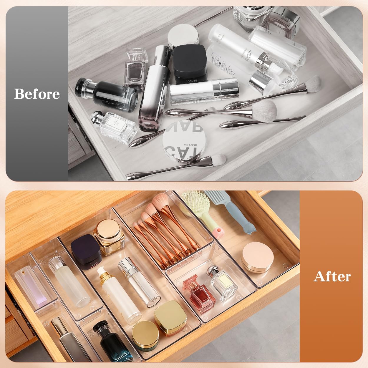 26 PCS Large Clear Drawer Organizer Bins, 5Sizes Plastic Versatile Desk Drawer Organizer Trays with Non-Slip Silicone Pads, Storage Bins for Makeup, Jewelries, Bedroom，Kitchen Utensils and Office