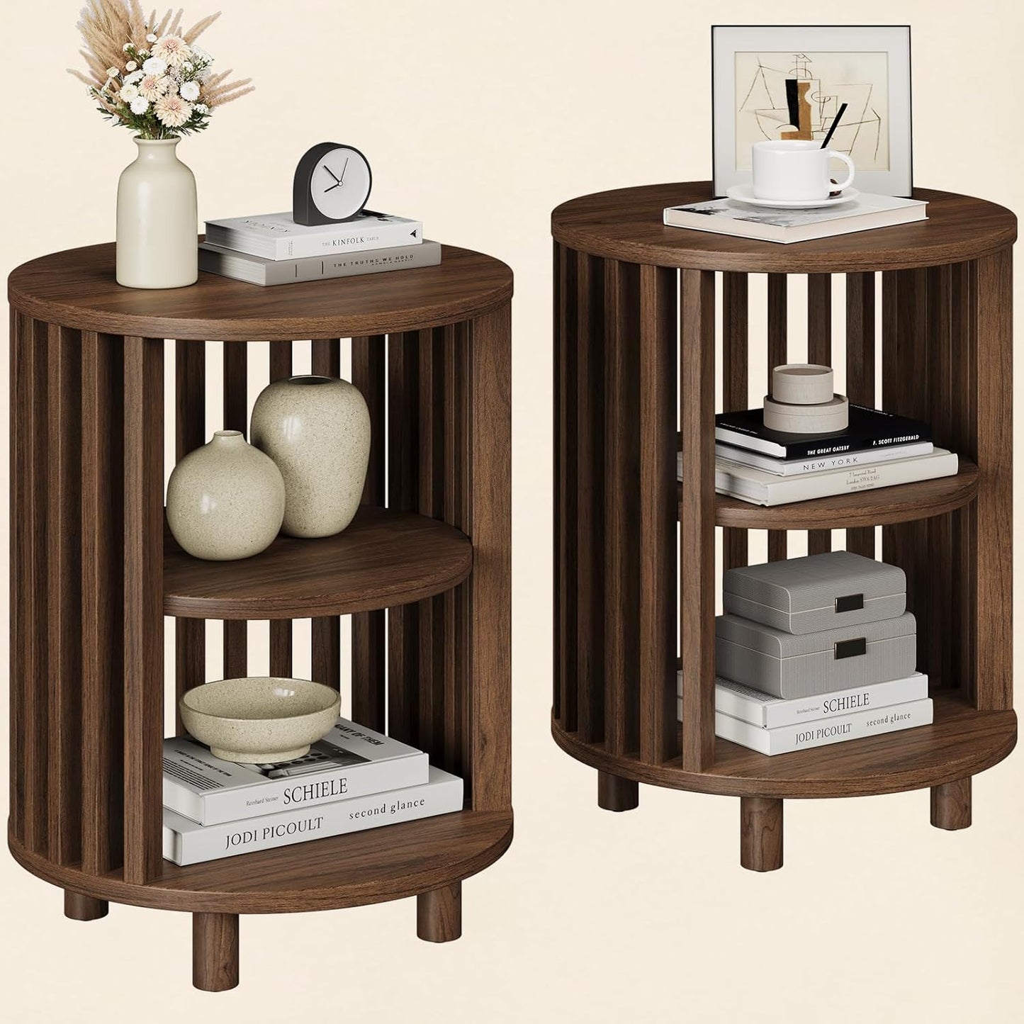 Round End Table, Wood Bedside Table, Mid Century Modern Nightstand with Open Storage Shelf, 3 Tier Small Side Tables for Living Room, Bedroom, Curved Profile Design, Natural Oak(1-Pack)