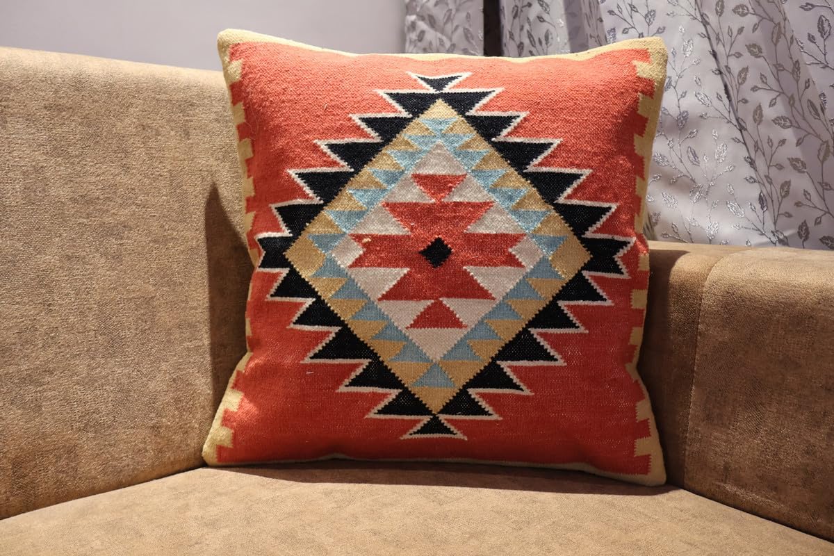 Handmade 100% Wool Kilim Pillow Cover – 18x18 Inches, Durable Indian Cushion Case, Premium New Zealand Wool for Home Decor (Orange, Pack of 1)