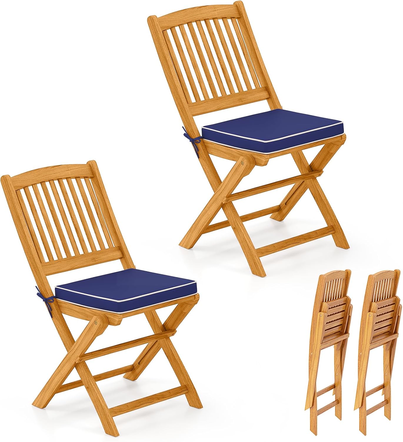 Tangkula 2 Pieces Folding Outdoor Dining Chairs, Acacia Wood Patio Chairs with Soft Cushions, Slatted Backrests and Seats, Outdoor Chairs for Porch, Balcony, Deck and Yard (One-Size,Beige,2)