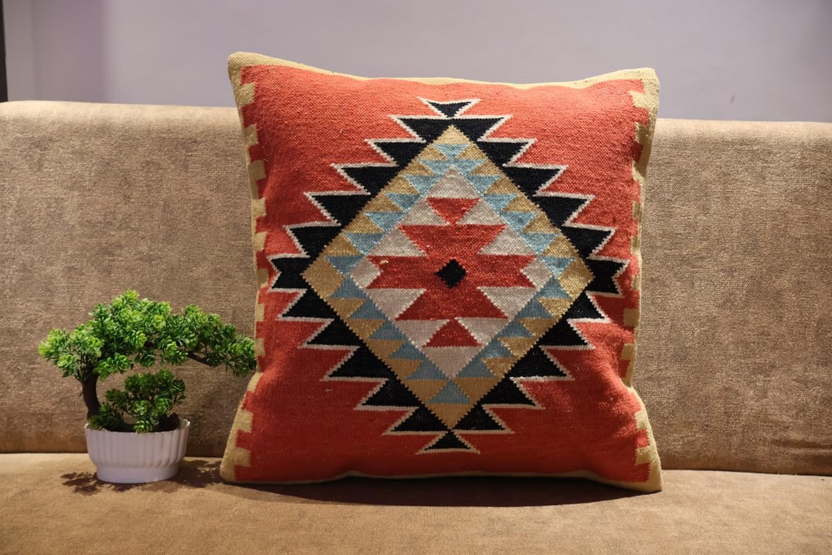 Handmade 100% Wool Kilim Pillow Cover – 18x18 Inches, Durable Indian Cushion Case, Premium New Zealand Wool for Home Decor (Orange, Pack of 1)