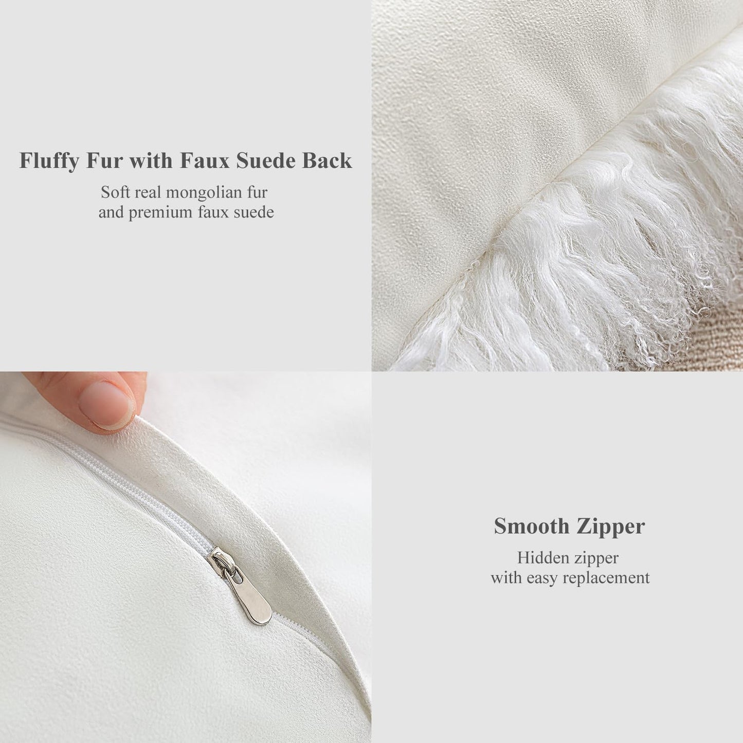 Real 100% Tibetan Mongolian Lamb Sheepskin Wool Fur Throw Pillow Covers White 18x18 Inch, Super Soft Plush Leather Accent Pillowcase Decorative Cushion Cover for Living Room Bedroom