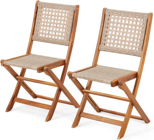 Outdoor Folding Chairs Set of 2, Wooden Patio Dining Chairs with High Back, Grey Rattan Farmhouse Style Deck Chair for Backyard, Porch, or Indoor Use
