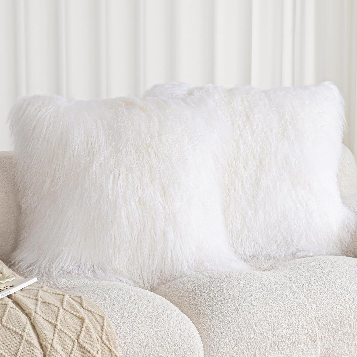 Real 100% Tibetan Mongolian Lamb Sheepskin Wool Fur Throw Pillow Covers White 18x18 Inch, Super Soft Plush Leather Accent Pillowcase Decorative Cushion Cover for Living Room Bedroom