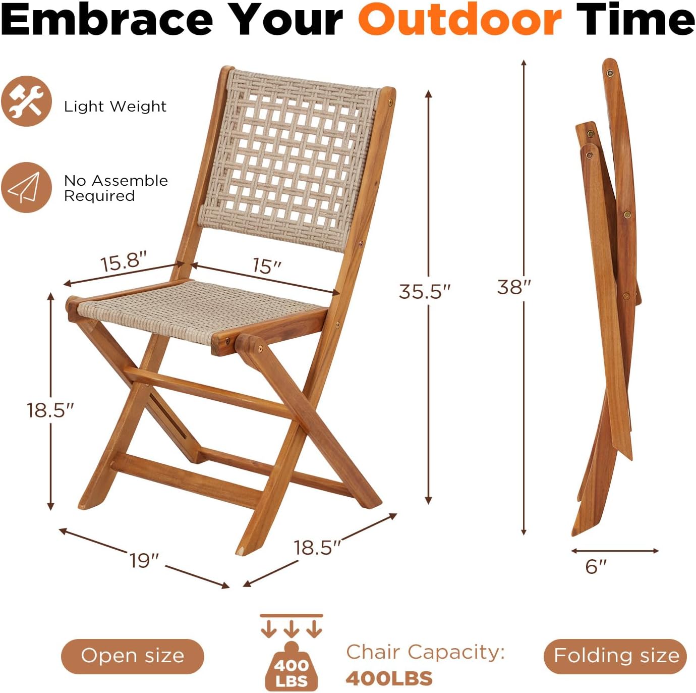 Outdoor Folding Chairs Set of 2, Wooden Patio Dining Chairs with High Back, Grey Rattan Farmhouse Style Deck Chair for Backyard, Porch, or Indoor Use