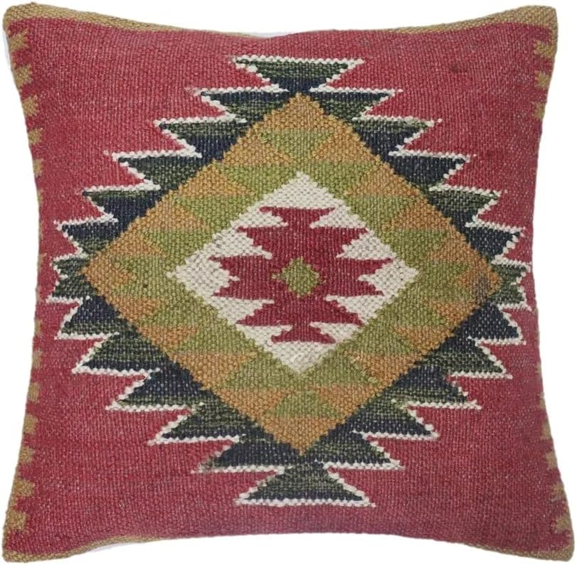 Boho Throw Pillow Covers Set of 4 | Handcrafted Kilim Wool & Jute Cushion Covers | 18x18 Inch Ethnic Decorative Pillowcases for Sofa, Couch, Bedroom & Living Room – Pattern 12