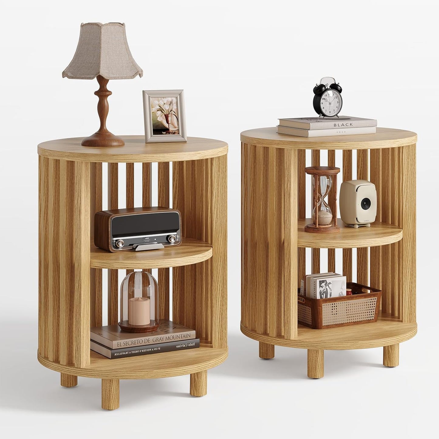 Round End Table, Wood Side Tables, Mid Century Modern Nightstand with 2 Tier Storage, Small Circle Bedside Table for Small Spaces, Living Room, Curved Profile Design, 19.7" Tall, Oak (1-Pack)