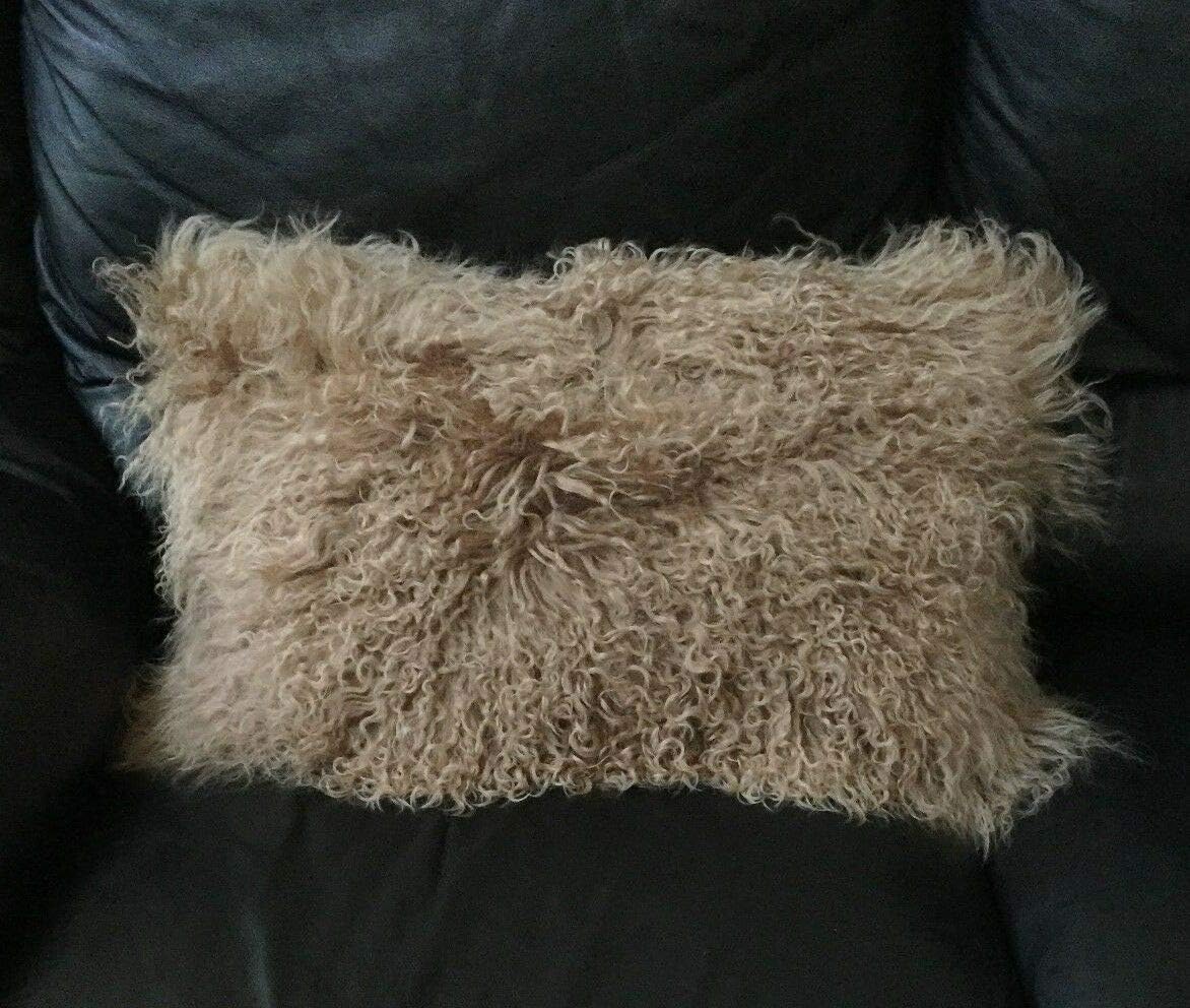Seek4comfortable Mongolian Lamb Fur Throw Pillow Cover Real Fur Decorative Cushion Cover Pillow Case Home Decorative Square Throw Pillow Cover Plain Wool Pillow Protector, Khaki (18"x18")