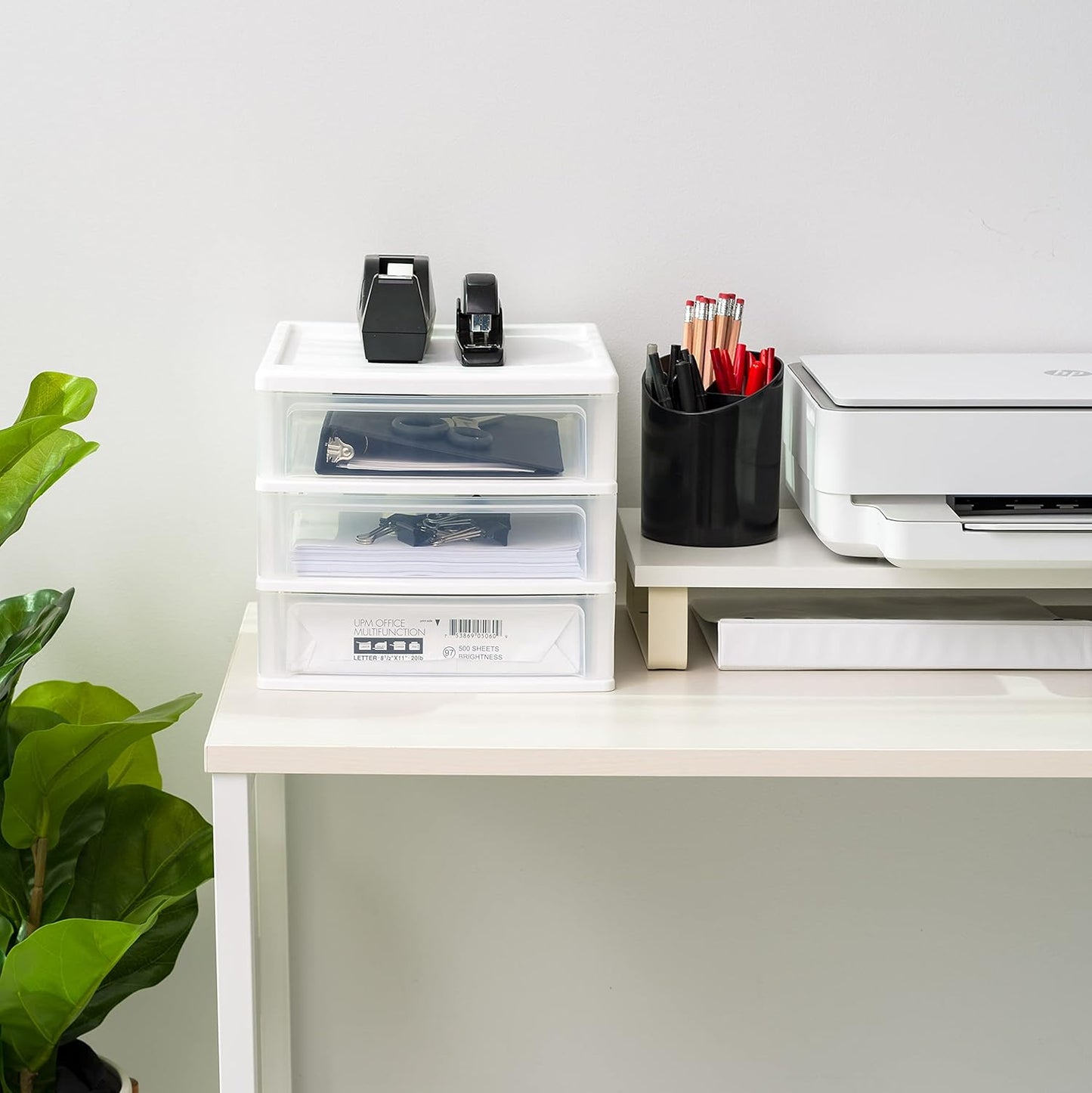 IRIS USA Plastic Stacking Desk Top 3-Drawer Storage Organizer, 2-Pack, for Makeup Vanity Nail Polish Bathroom Stationery Art Craft Supplies Kitchen Office Garage and Small Organization, Medium, White