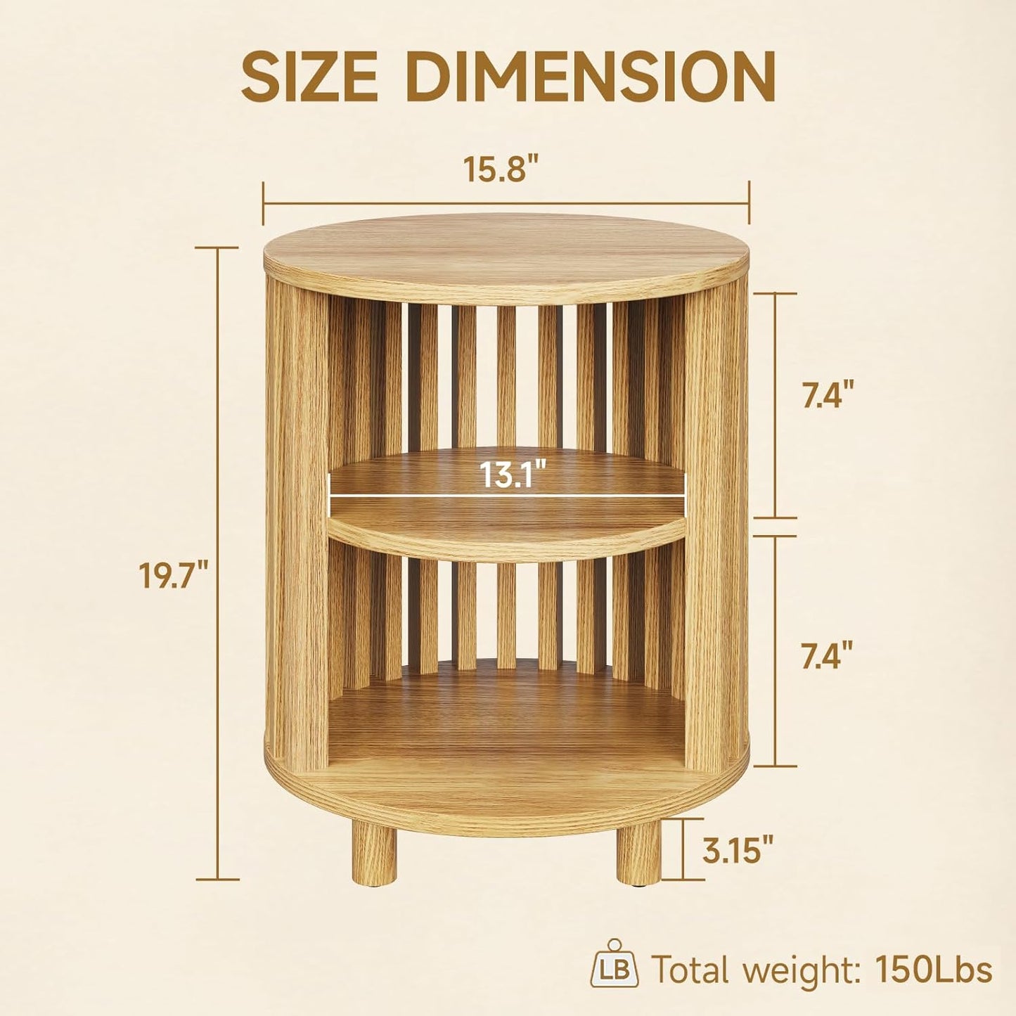 Round End Table, Wood Bedside Table, Mid Century Modern Nightstand with Open Storage Shelf, 3 Tier Small Side Tables for Living Room, Bedroom, Curved Profile Design, Natural Oak(1-Pack)
