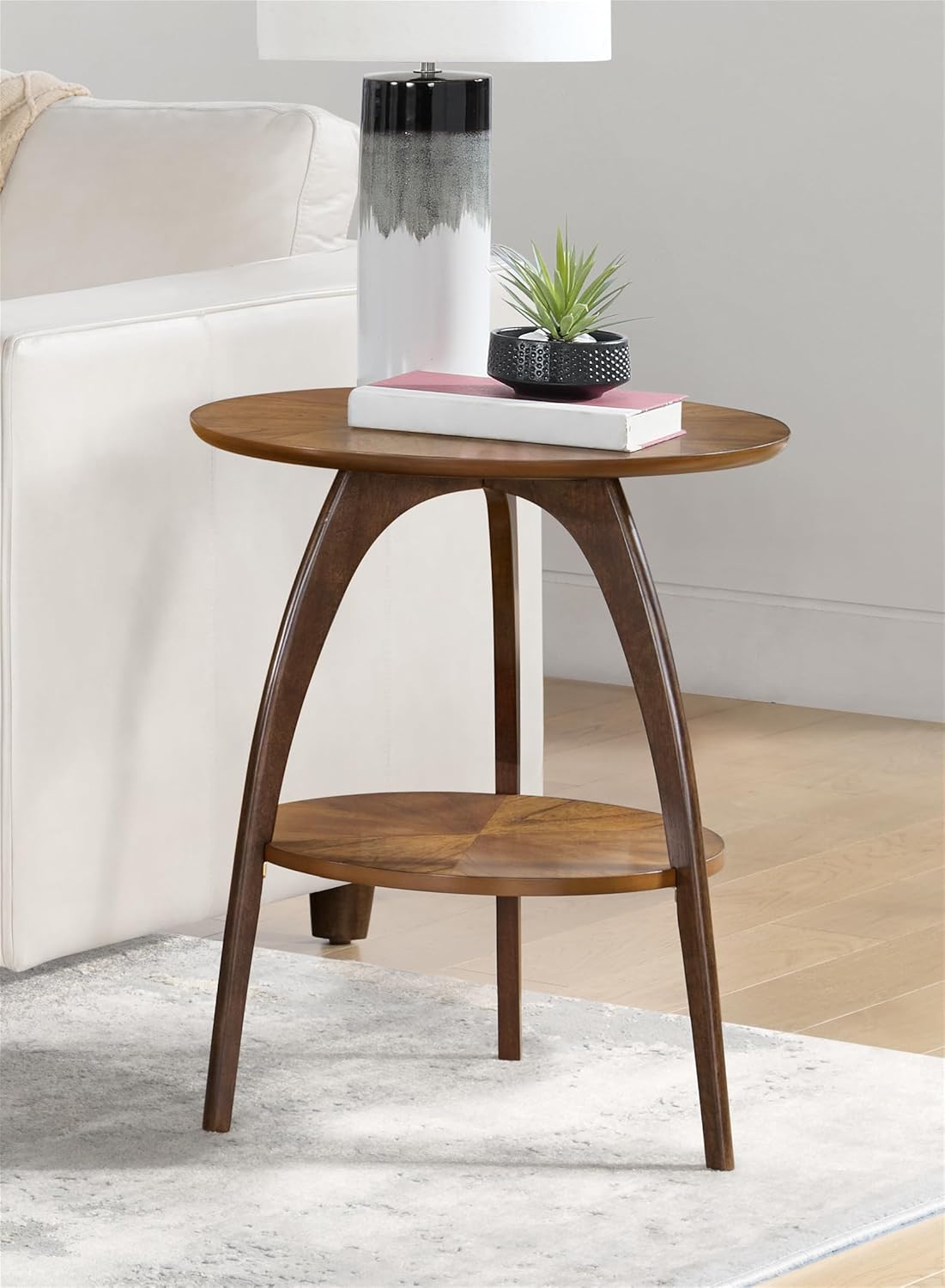 Martin Svensson Home Retro Mid-Century Modern Round Wood End Table, Solid Grain Side Table with Lower Shelf, Small Accent Table for Living Room or Nightstand. Nutmeg Brown.