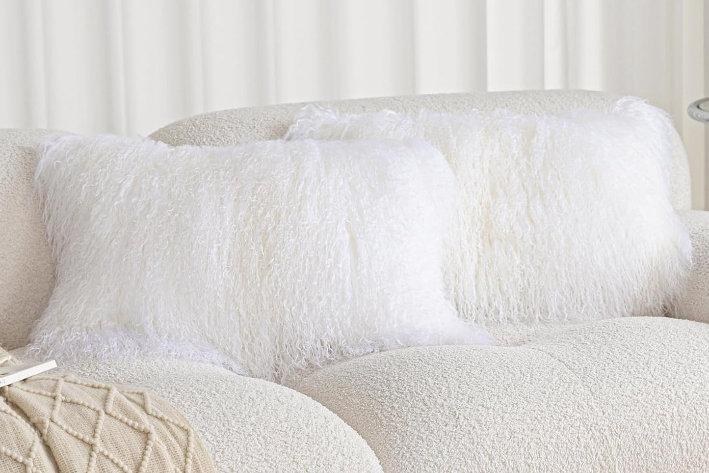 Real 100% Tibetan Mongolian Lamb Sheepskin Wool Fur Throw Pillow Covers White 18x18 Inch, Super Soft Plush Leather Accent Pillowcase Decorative Cushion Cover for Living Room Bedroom