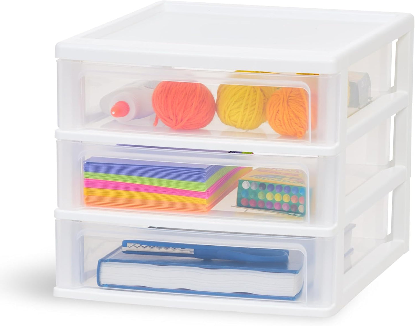 IRIS USA Plastic Stacking Desk Top 3-Drawer Storage Organizer, 2-Pack, for Makeup Vanity Nail Polish Bathroom Stationery Art Craft Supplies Kitchen Office Garage and Small Organization, Medium, White