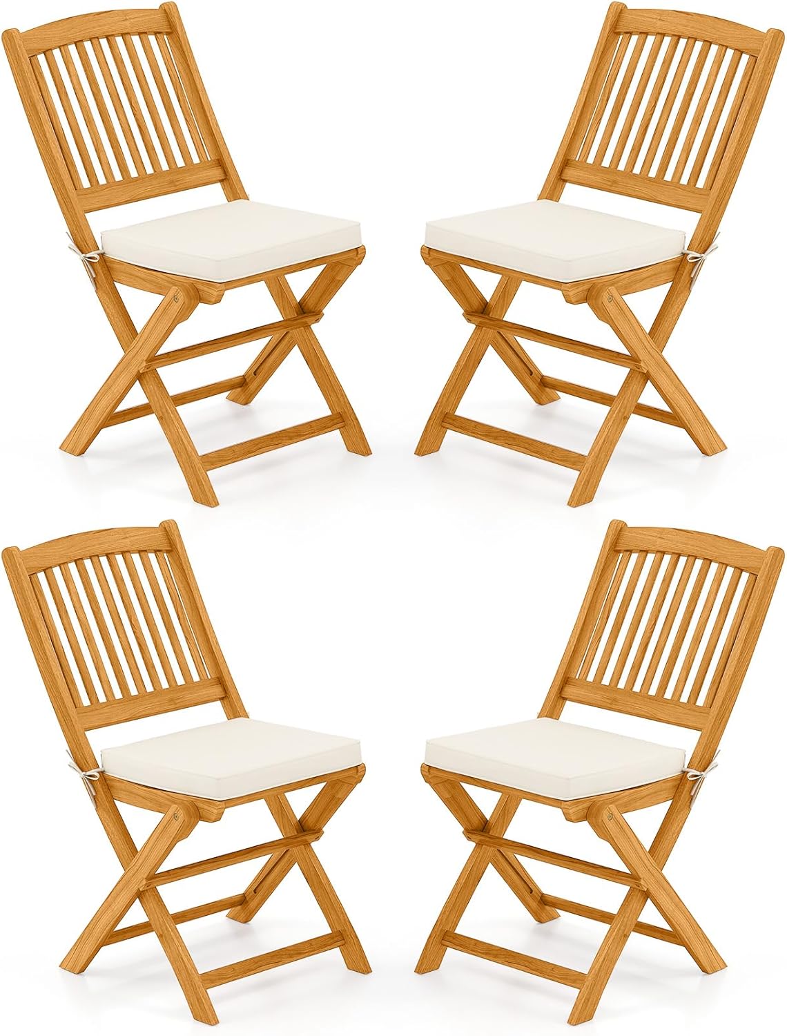 Tangkula 2 Pieces Folding Outdoor Dining Chairs, Acacia Wood Patio Chairs with Soft Cushions, Slatted Backrests and Seats, Outdoor Chairs for Porch, Balcony, Deck and Yard (One-Size,Beige,2)