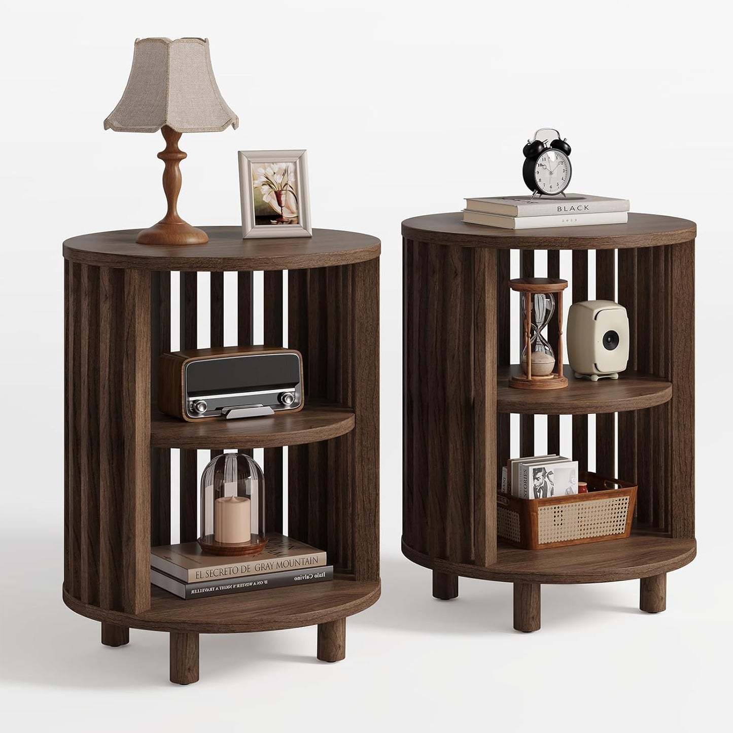 Round End Table, Wood Side Tables, Mid Century Modern Nightstand with 2 Tier Storage, Small Circle Bedside Table for Small Spaces, Living Room, Curved Profile Design, 19.7" Tall, Oak (1-Pack)