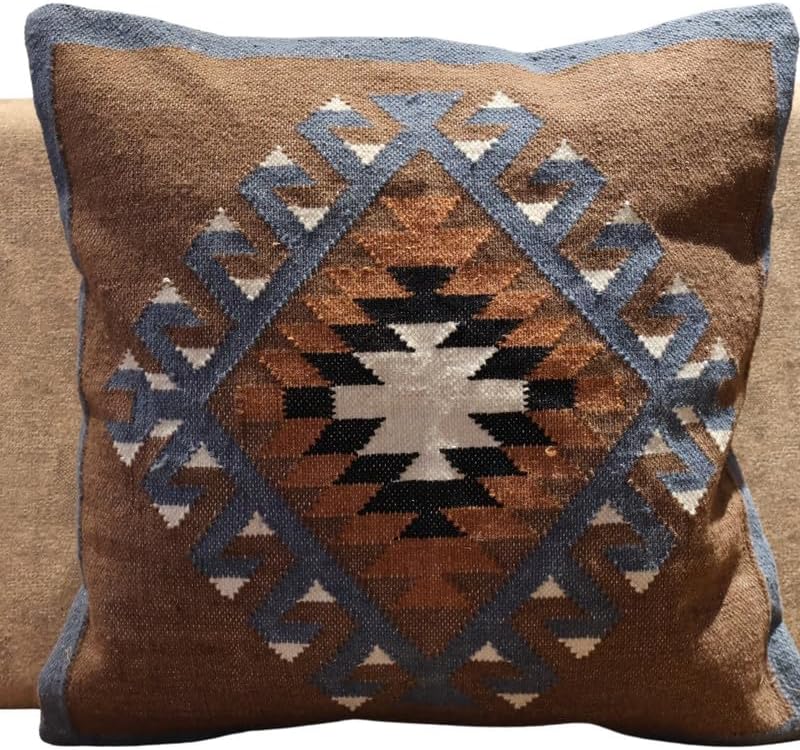 Handmade 100% Wool Kilim Pillow Cover – 18x18 Inches, Durable Indian Cushion Case, Premium New Zealand Wool for Home Decor (Orange, Pack of 1)