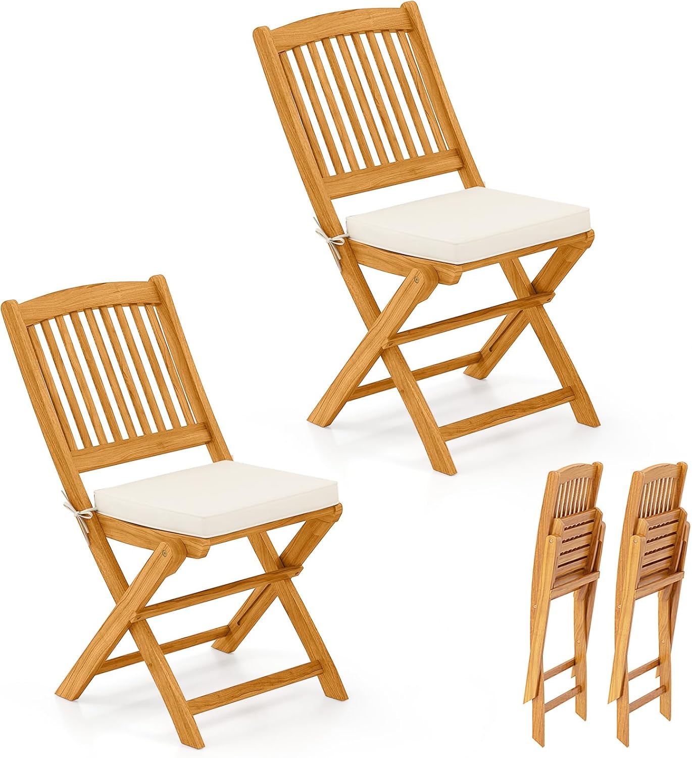 Tangkula 2 Pieces Folding Outdoor Dining Chairs, Acacia Wood Patio Chairs with Soft Cushions, Slatted Backrests and Seats, Outdoor Chairs for Porch, Balcony, Deck and Yard (One-Size,Beige,2)