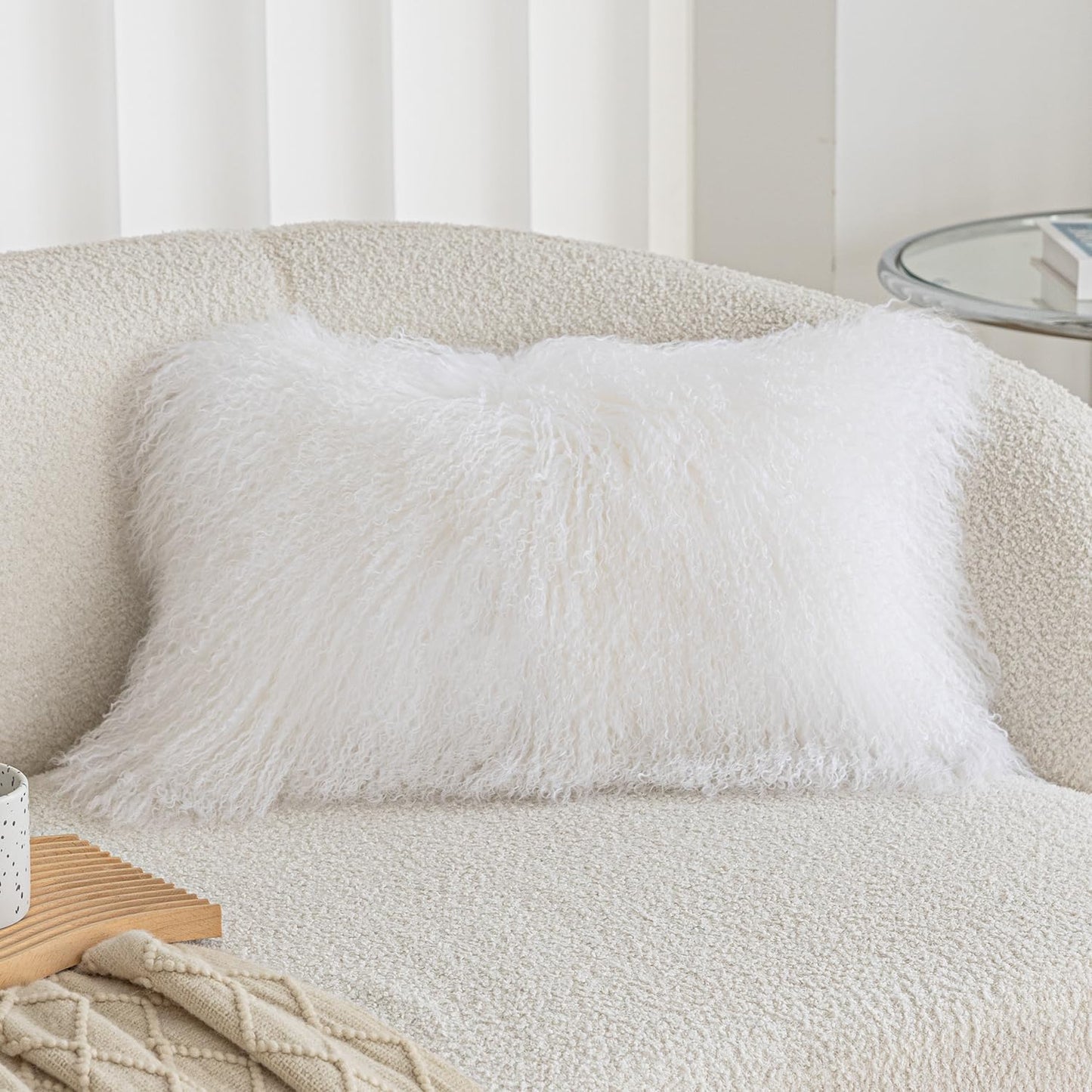 Real 100% Tibetan Mongolian Lamb Sheepskin Wool Fur Throw Pillow Covers White 18x18 Inch, Super Soft Plush Leather Accent Pillowcase Decorative Cushion Cover for Living Room Bedroom