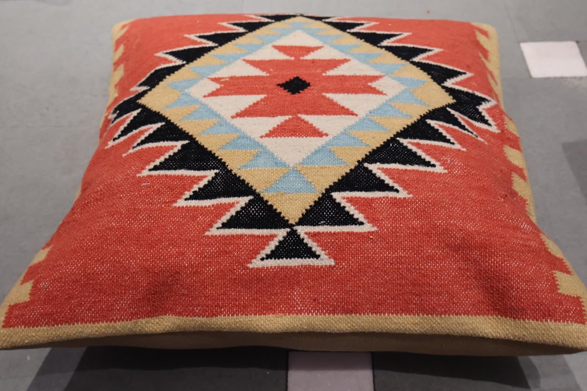 Handmade 100% Wool Kilim Pillow Cover – 18x18 Inches, Durable Indian Cushion Case, Premium New Zealand Wool for Home Decor (Orange, Pack of 1)