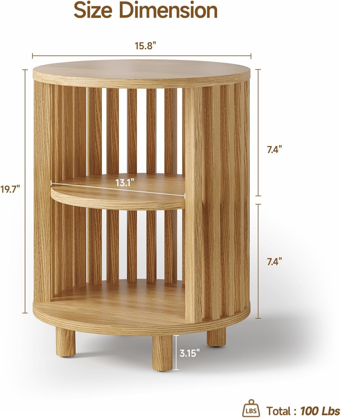 Round End Table, Wood Side Tables, Mid Century Modern Nightstand with 2 Tier Storage, Small Circle Bedside Table for Small Spaces, Living Room, Curved Profile Design, 19.7" Tall, Oak (1-Pack)