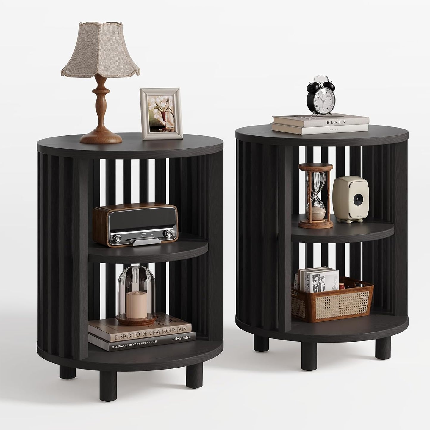 Round End Table, Wood Side Tables, Mid Century Modern Nightstand with 2 Tier Storage, Small Circle Bedside Table for Small Spaces, Living Room, Curved Profile Design, 19.7" Tall, Oak (1-Pack)