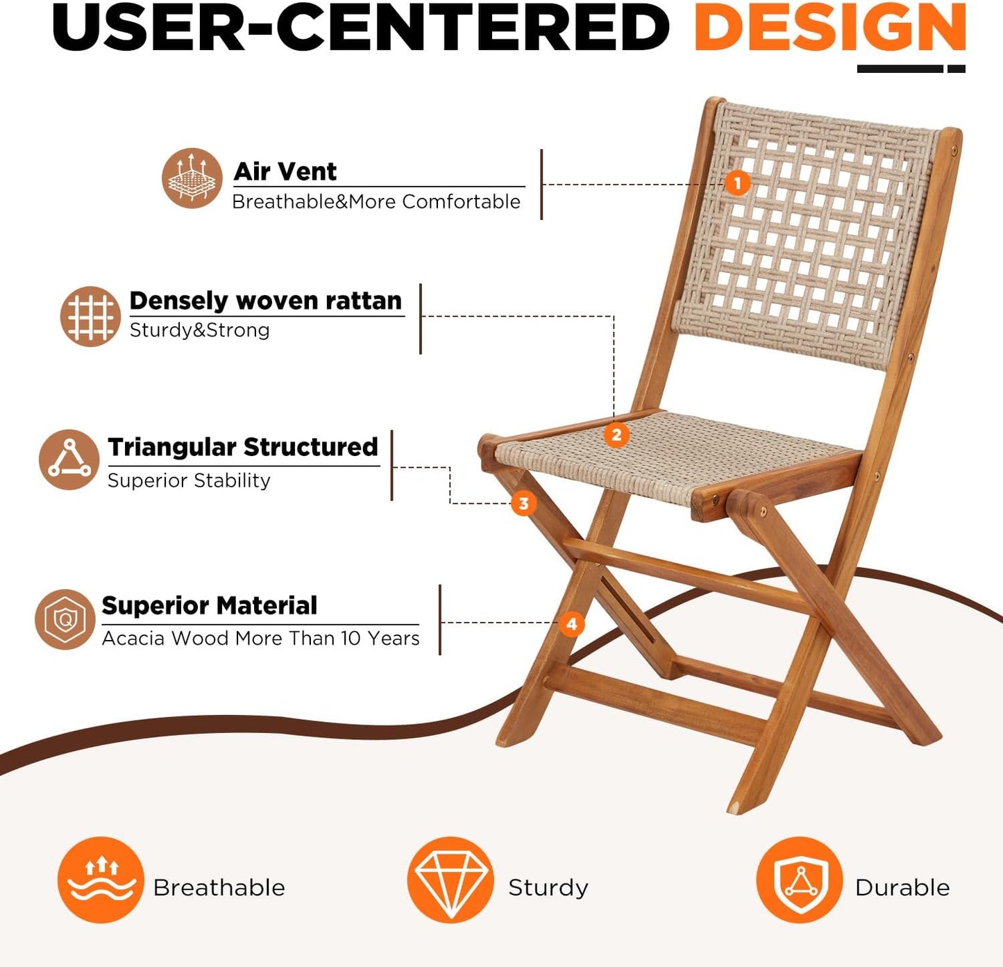 Outdoor Folding Chairs Set of 2, Wooden Patio Dining Chairs with High Back, Grey Rattan Farmhouse Style Deck Chair for Backyard, Porch, or Indoor Use