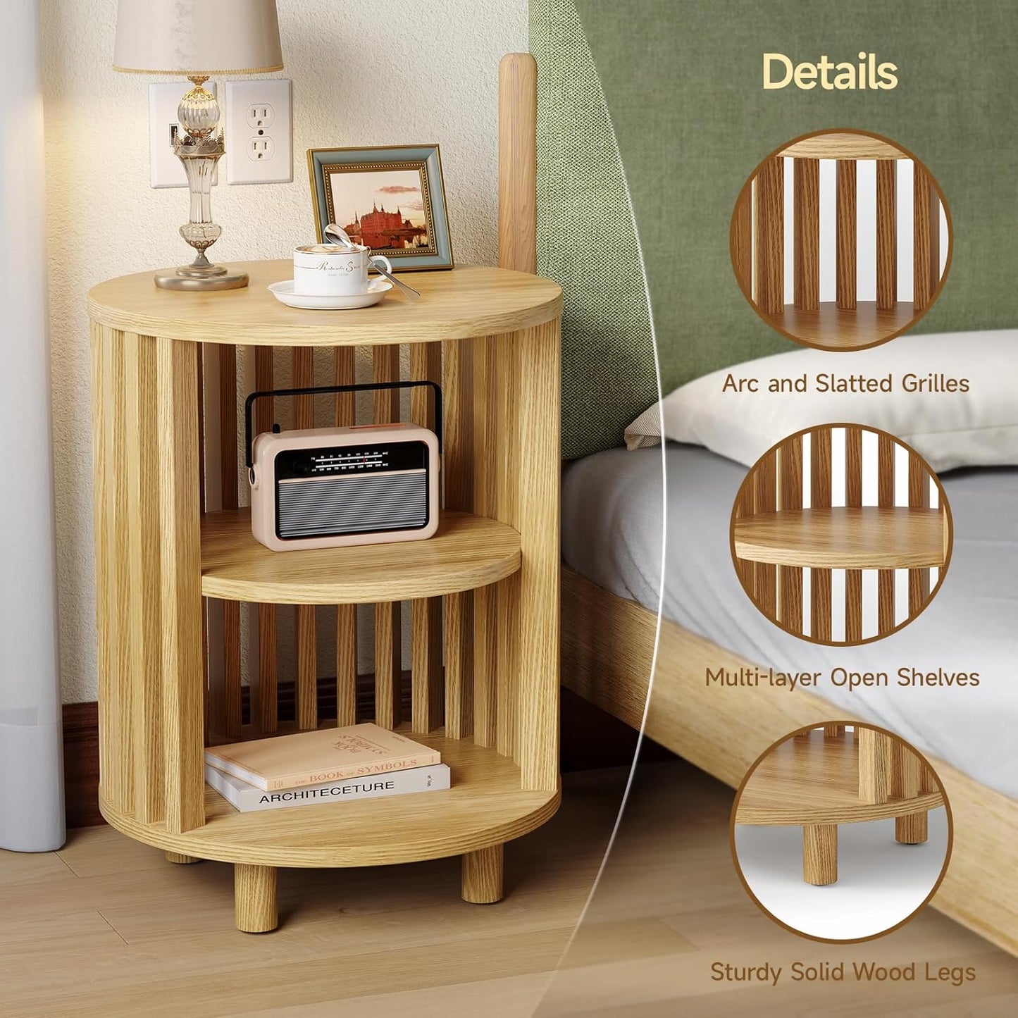 Round End Table, Wood Side Tables, Mid Century Modern Nightstand with 2 Tier Storage, Small Circle Bedside Table for Small Spaces, Living Room, Curved Profile Design, 19.7" Tall, Oak (1-Pack)