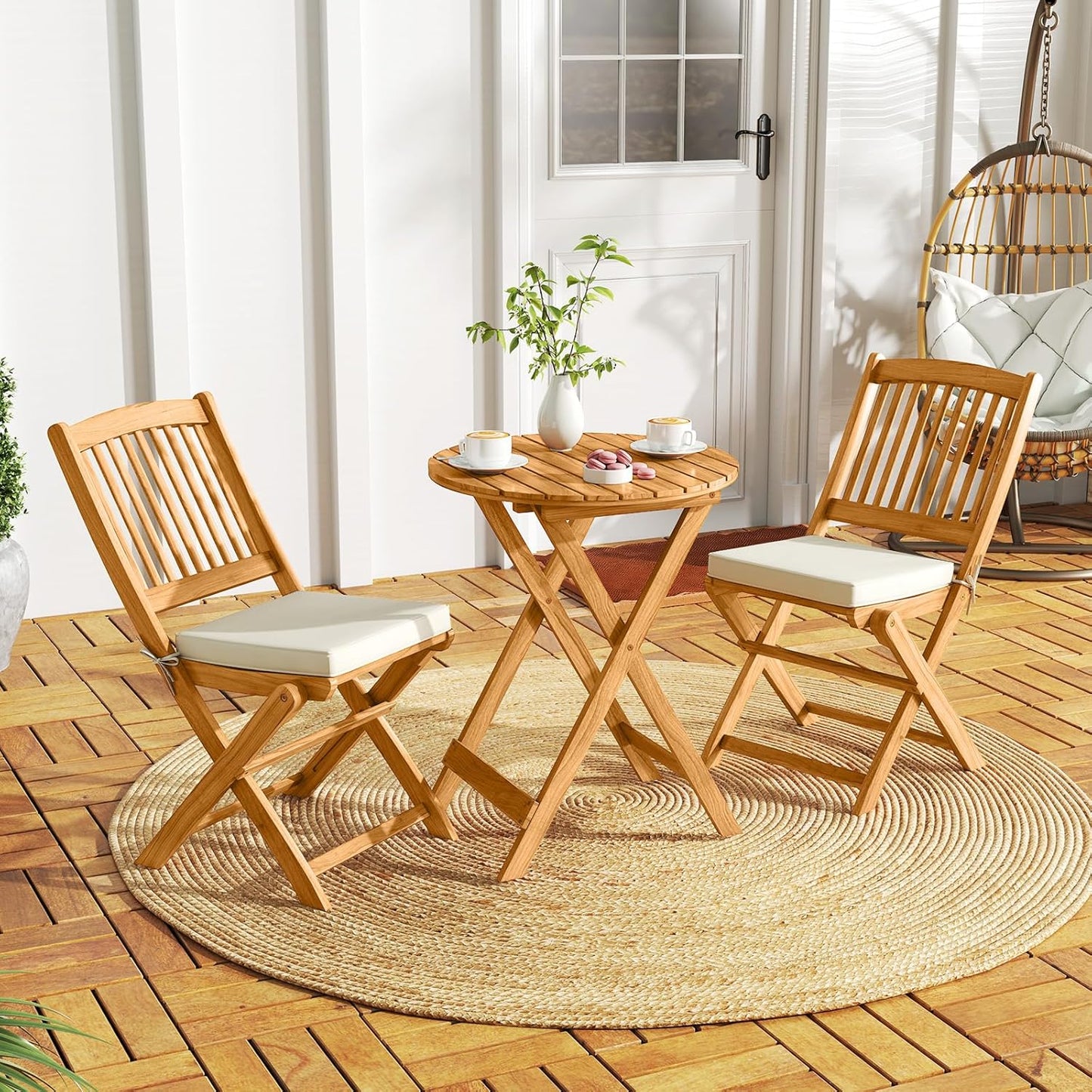 Tangkula 2 Pieces Folding Outdoor Dining Chairs, Acacia Wood Patio Chairs with Soft Cushions, Slatted Backrests and Seats, Outdoor Chairs for Porch, Balcony, Deck and Yard (One-Size,Beige,2)