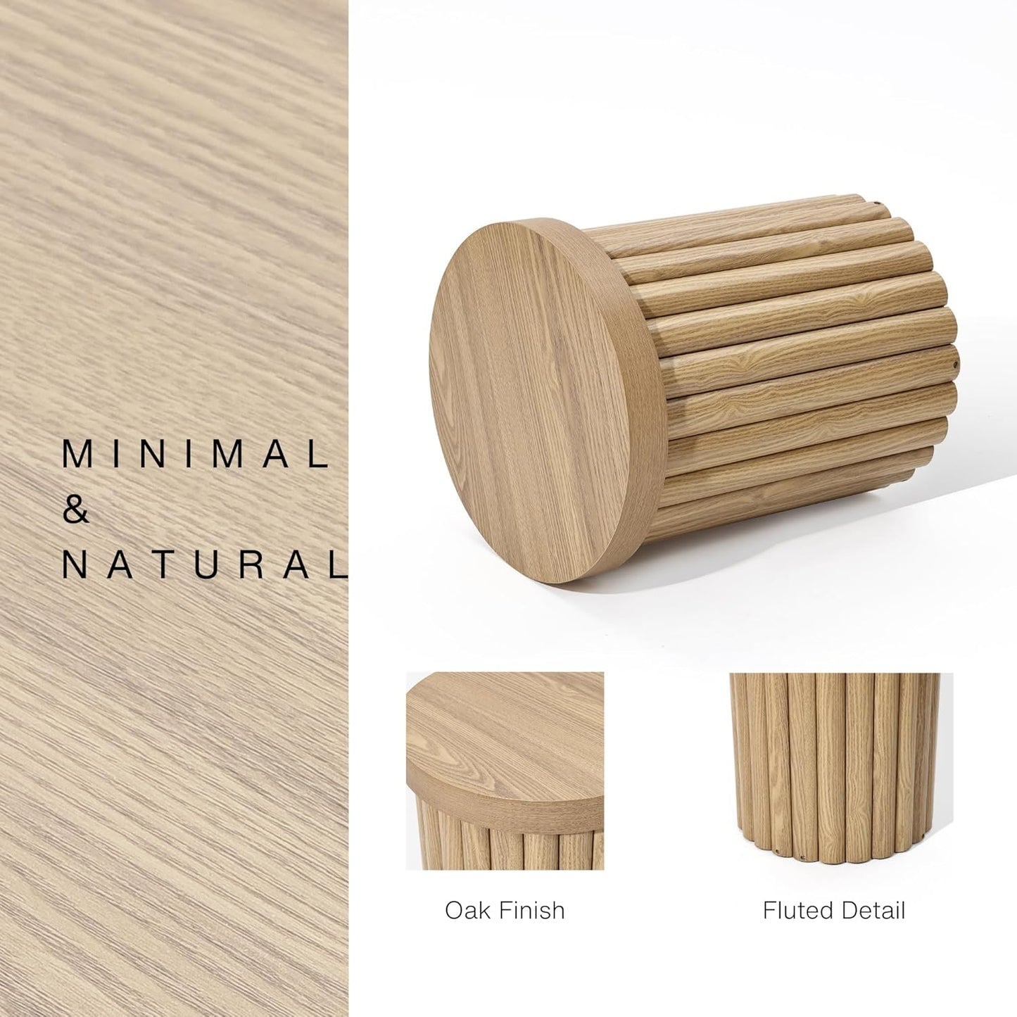 LuxenHome Wood Round Side Table, 19" Fluted End Table for Small Spaces, Mid Century Modern Wooden Accent Tables, Small Bedside Table, Couch Side Table, Nightstand for Living Room Bedroom Couch