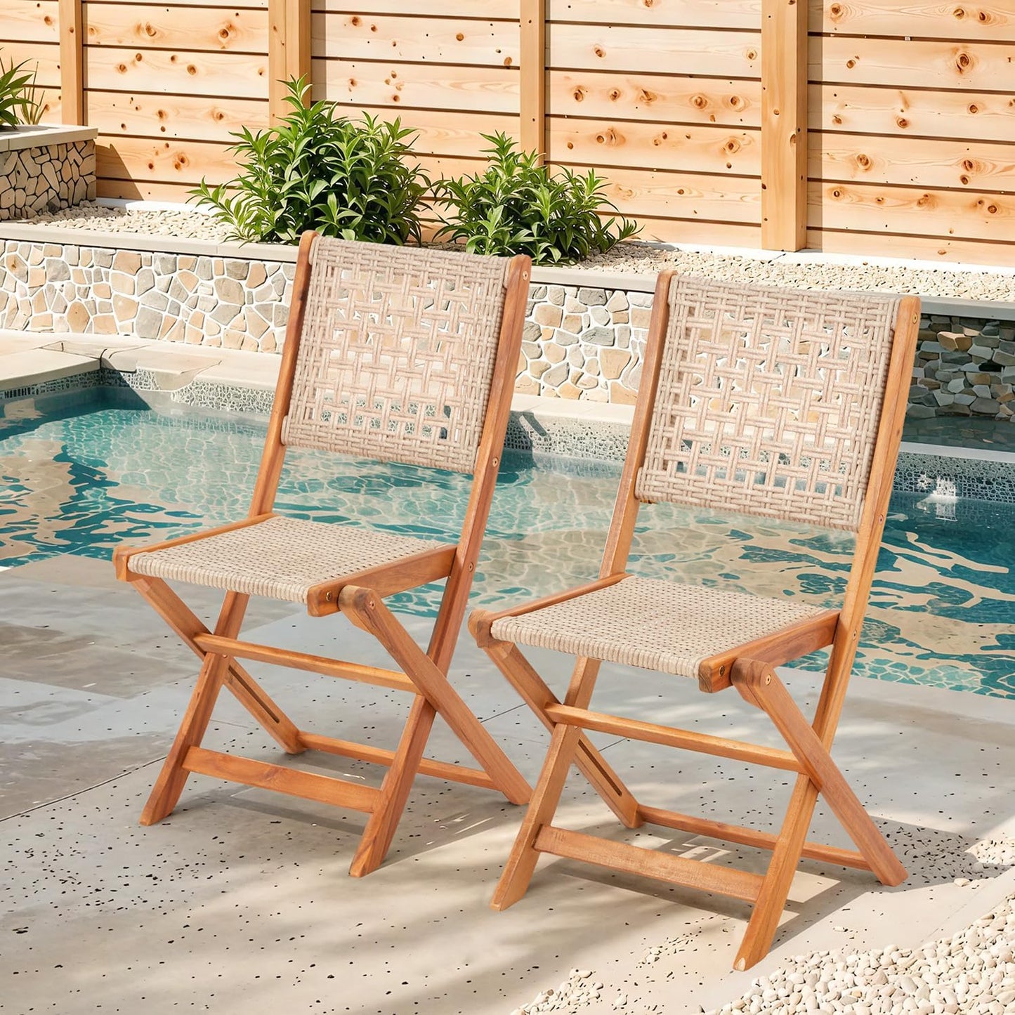 Outdoor Folding Chairs Set of 2, Wooden Patio Dining Chairs with High Back, Grey Rattan Farmhouse Style Deck Chair for Backyard, Porch, or Indoor Use