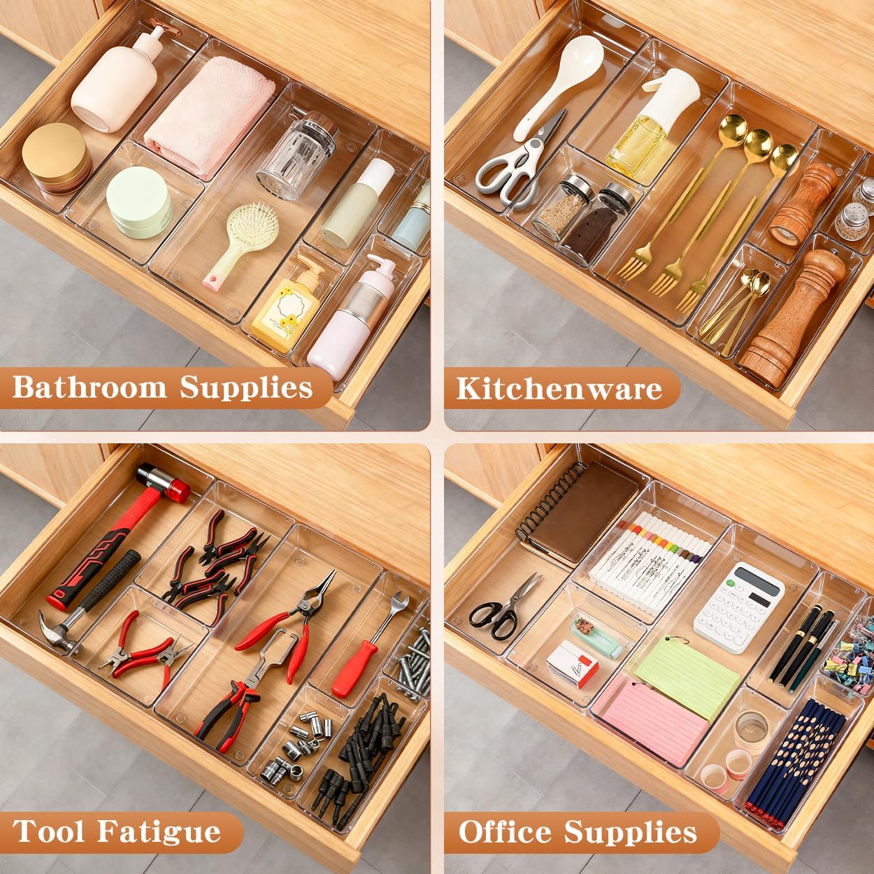 26 PCS Large Clear Drawer Organizer Bins, 5Sizes Plastic Versatile Desk Drawer Organizer Trays with Non-Slip Silicone Pads, Storage Bins for Makeup, Jewelries, Bedroom，Kitchen Utensils and Office