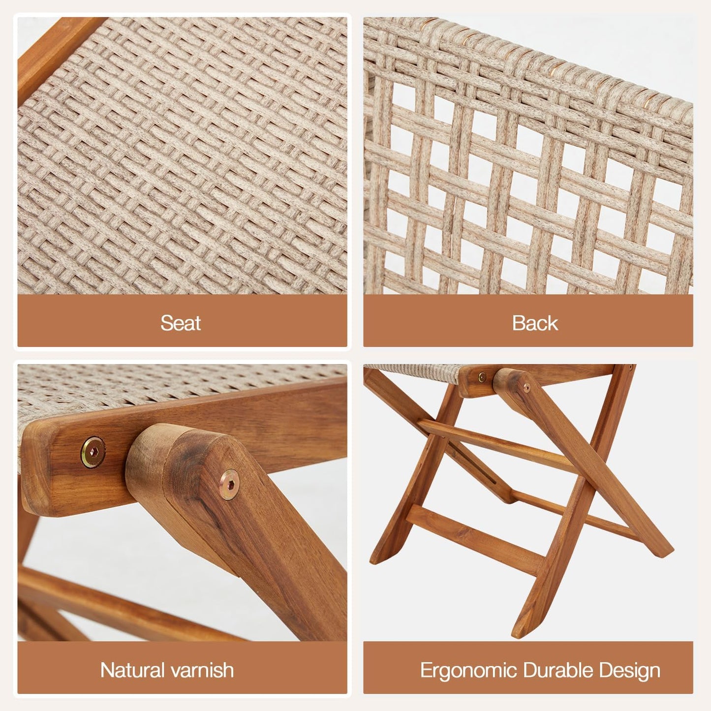 Outdoor Folding Chairs Set of 2, Wooden Patio Dining Chairs with High Back, Grey Rattan Farmhouse Style Deck Chair for Backyard, Porch, or Indoor Use