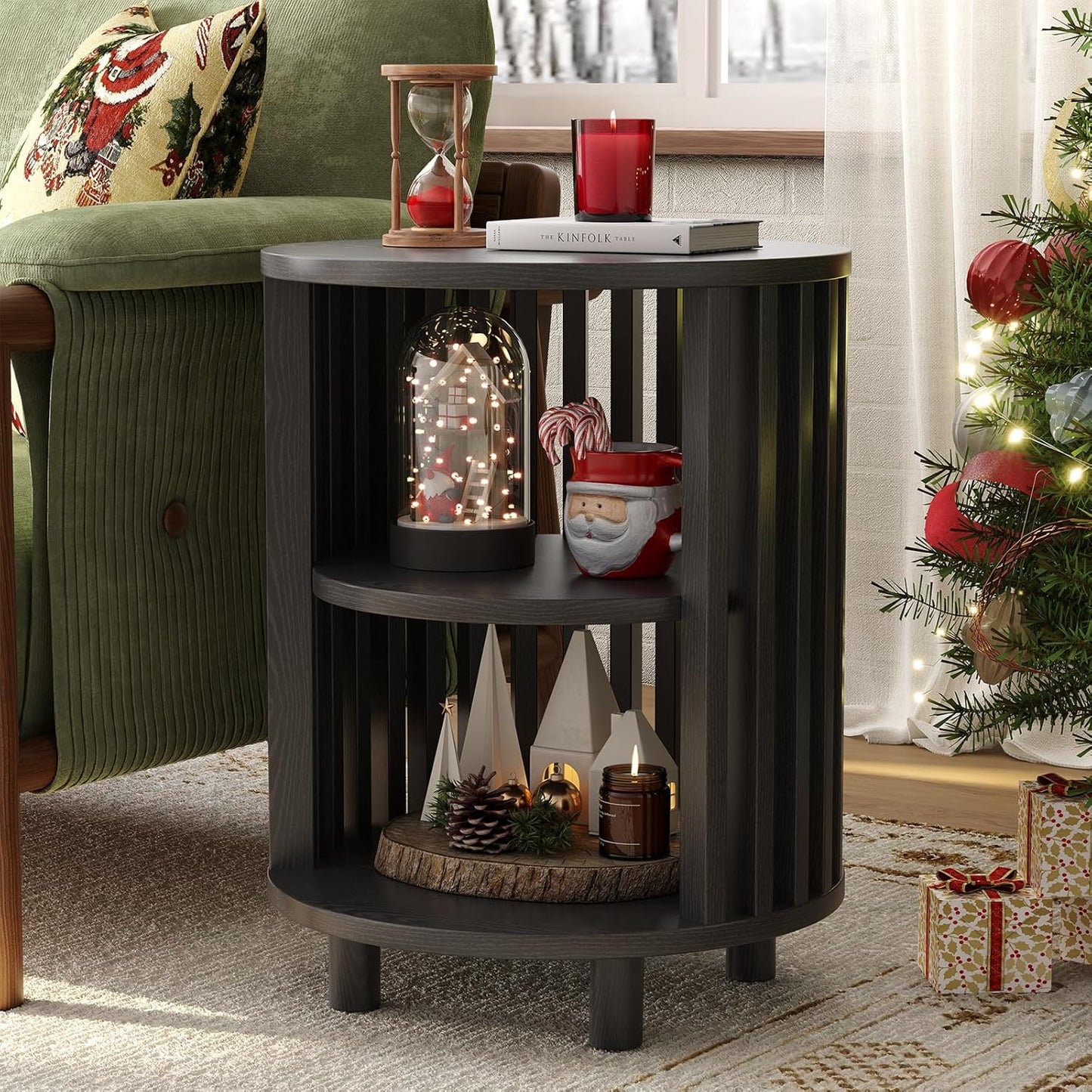 Round End Table, Wood Side Tables, Mid Century Modern Nightstand with 2 Tier Storage, Small Circle Bedside Table for Small Spaces, Living Room, Curved Profile Design, 19.7" Tall, Oak (1-Pack)