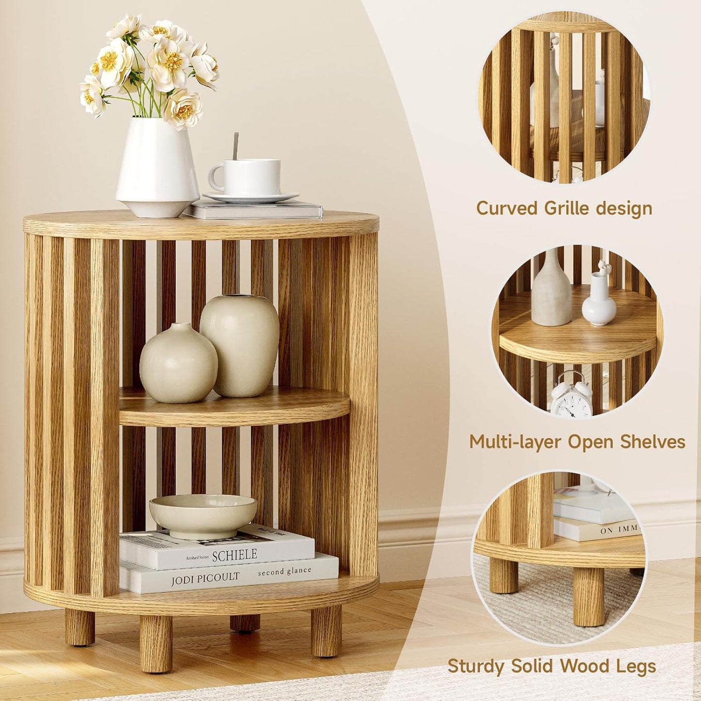 Round End Table, Wood Bedside Table, Mid Century Modern Nightstand with Open Storage Shelf, 3 Tier Small Side Tables for Living Room, Bedroom, Curved Profile Design, Natural Oak(1-Pack)