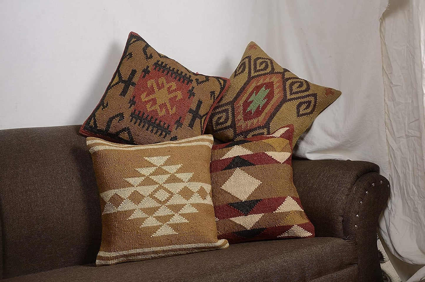 Boho Throw Pillow Covers Set of 4 | Handcrafted Kilim Wool & Jute Cushion Covers | 18x18 Inch Ethnic Decorative Pillowcases for Sofa, Couch, Bedroom & Living Room – Pattern 12