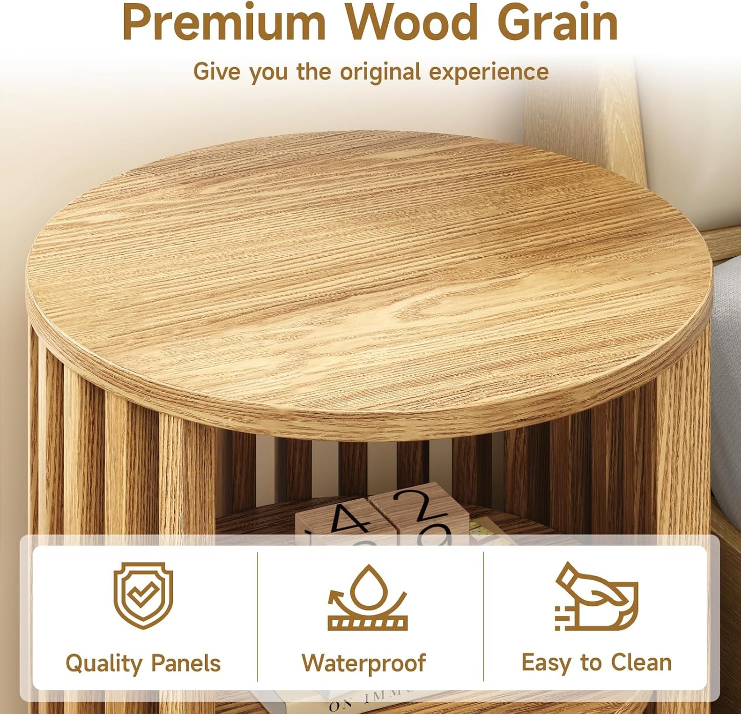 Round End Table, Wood Bedside Table, Mid Century Modern Nightstand with Open Storage Shelf, 3 Tier Small Side Tables for Living Room, Bedroom, Curved Profile Design, Natural Oak(1-Pack)