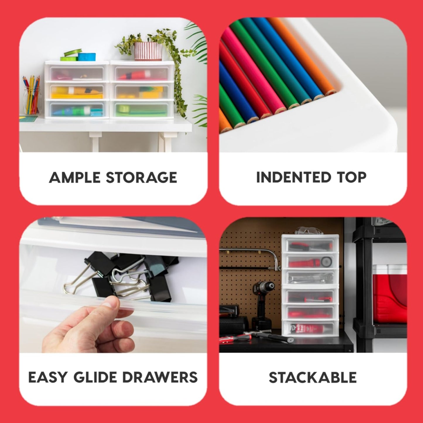 IRIS USA Plastic Stacking Desk Top 3-Drawer Storage Organizer, 2-Pack, for Makeup Vanity Nail Polish Bathroom Stationery Art Craft Supplies Kitchen Office Garage and Small Organization, Medium, White