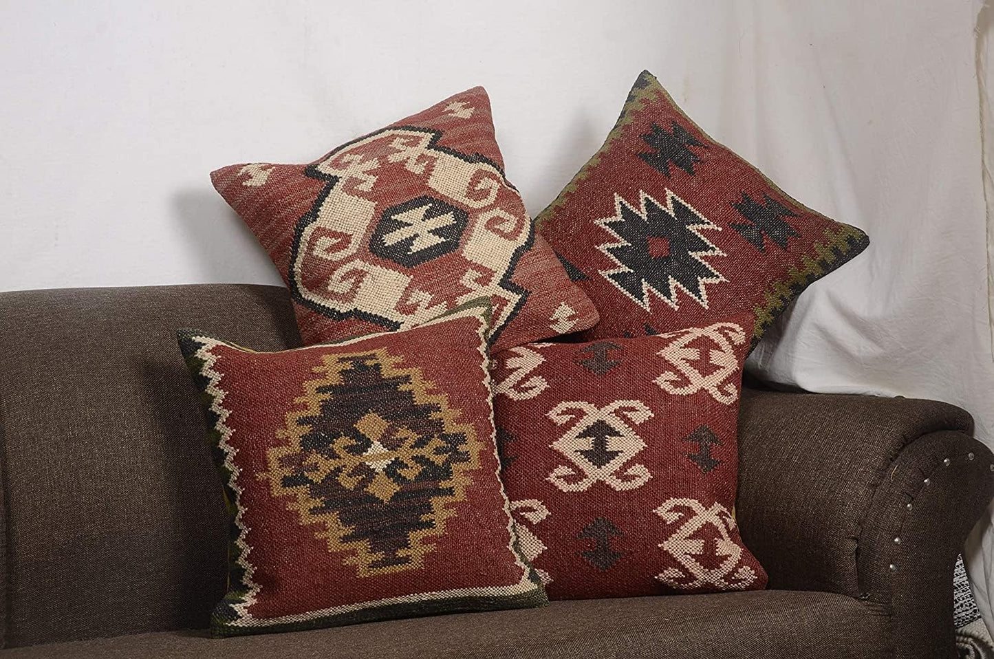 Boho Throw Pillow Covers Set of 4 | Handcrafted Kilim Wool & Jute Cushion Covers | 18x18 Inch Ethnic Decorative Pillowcases for Sofa, Couch, Bedroom & Living Room – Pattern 12