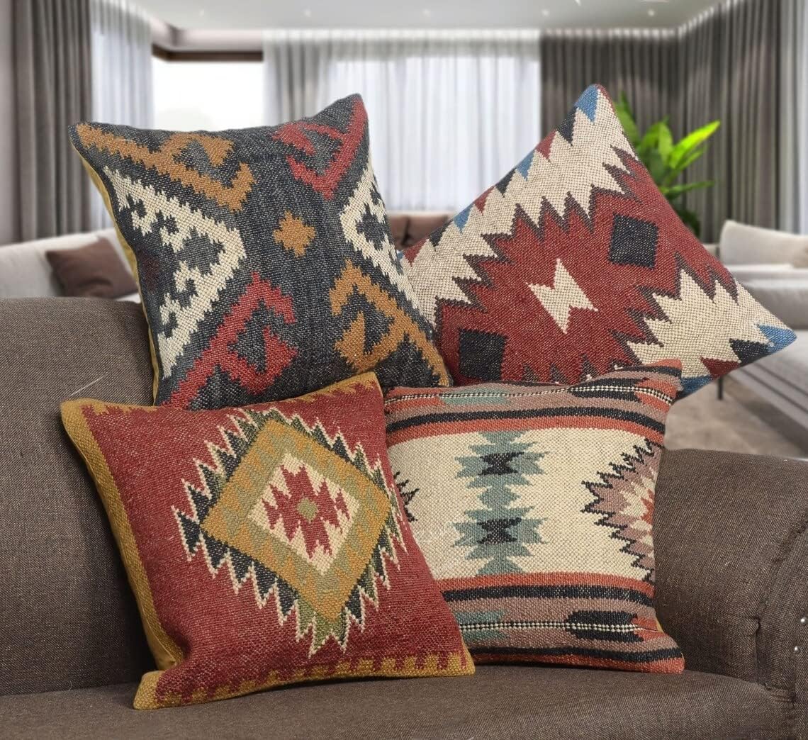 Boho Throw Pillow Covers Set of 4 | Handcrafted Kilim Wool & Jute Cushion Covers | 18x18 Inch Ethnic Decorative Pillowcases for Sofa, Couch, Bedroom & Living Room – Pattern 12