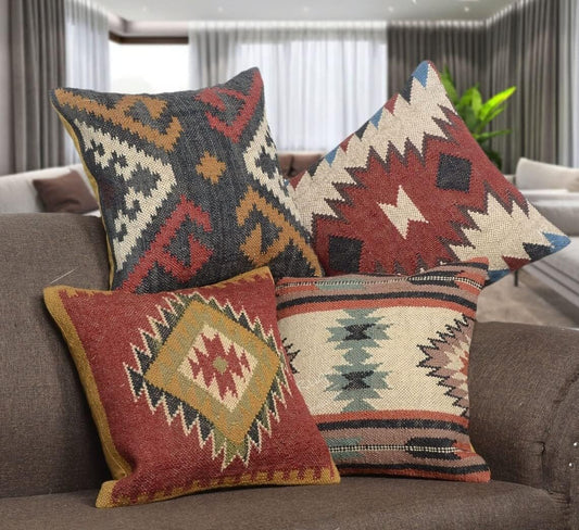 Boho Throw Pillow Covers Set of 4 | Handcrafted Kilim Wool & Jute Cushion Covers | 18x18 Inch Ethnic Decorative Pillowcases for Sofa, Couch, Bedroom & Living Room – Pattern 12