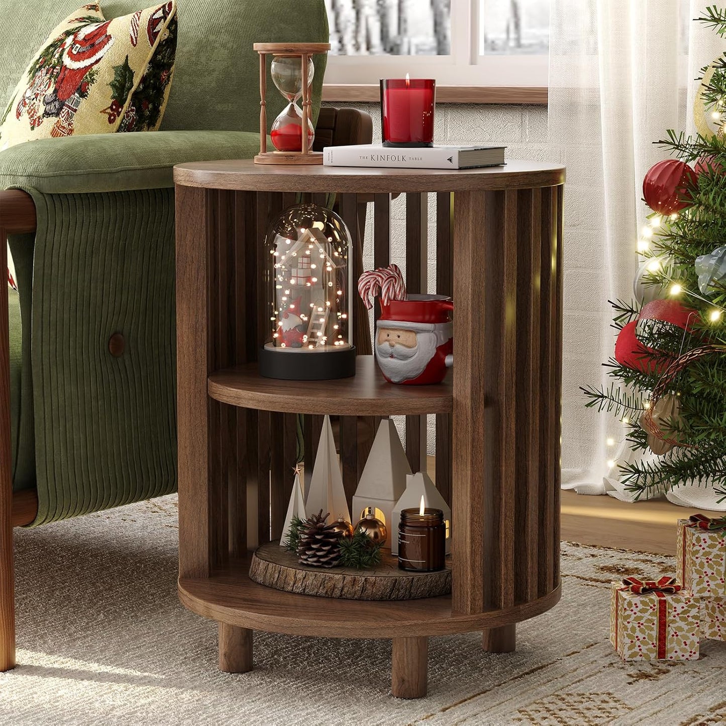 Round End Table, Wood Side Tables, Mid Century Modern Nightstand with 2 Tier Storage, Small Circle Bedside Table for Small Spaces, Living Room, Curved Profile Design, 19.7" Tall, Oak (1-Pack)