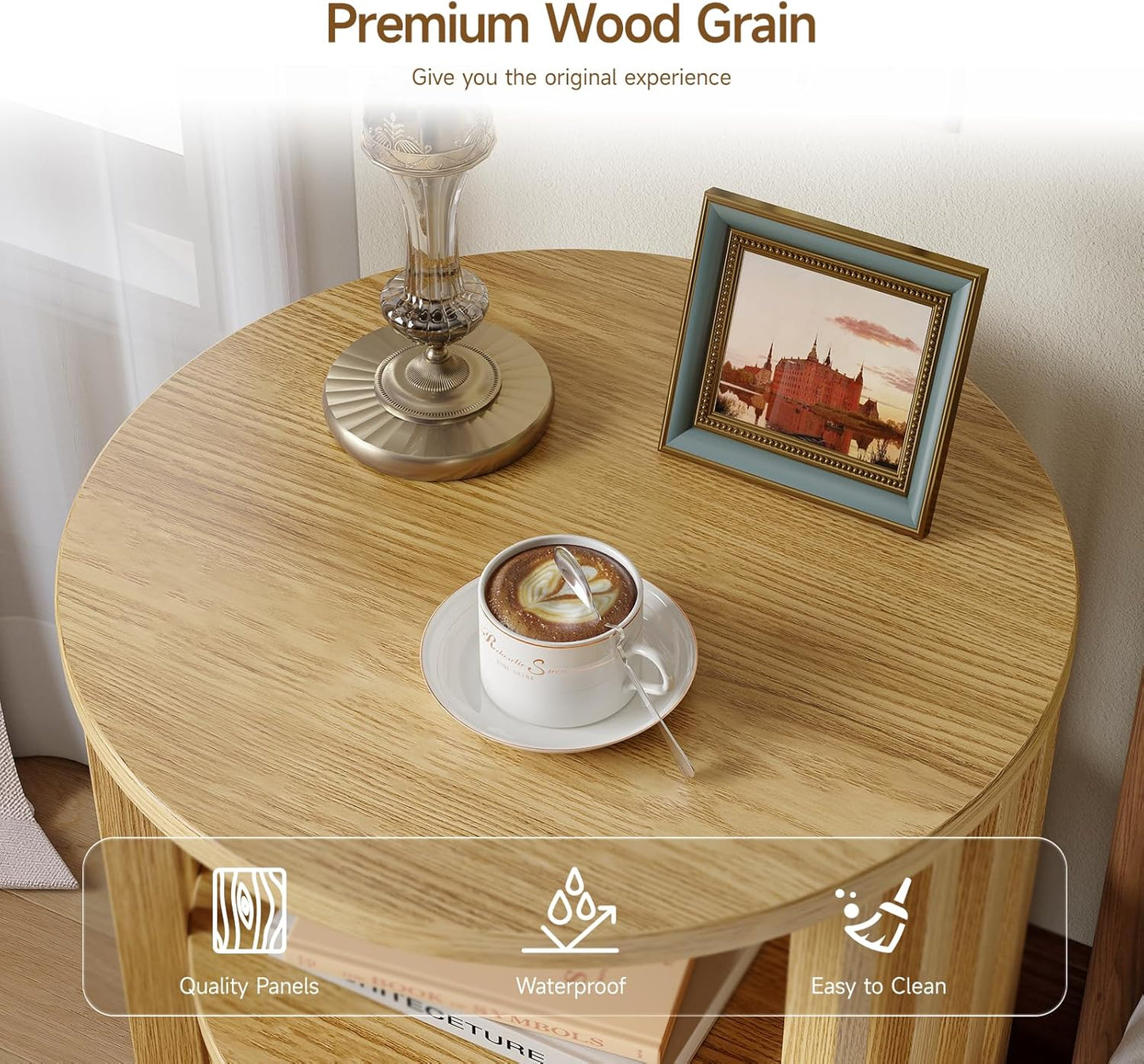 Round End Table, Wood Side Tables, Mid Century Modern Nightstand with 2 Tier Storage, Small Circle Bedside Table for Small Spaces, Living Room, Curved Profile Design, 19.7" Tall, Oak (1-Pack)