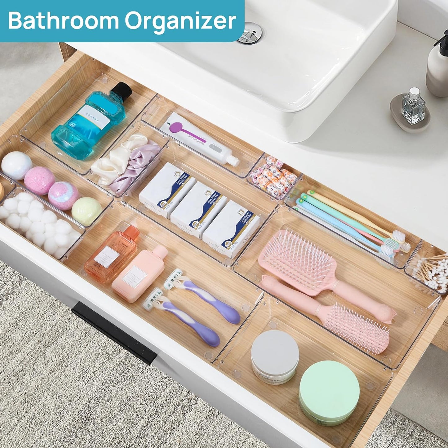 Vtopmart 88PCS Clear Plastic Drawer Organizers Set, 5-Size Versatile Bathroom Drawer Organizer Trays, Storage Bins for Makeup, Vanity, Kitchen Gadgets Utensils and Office